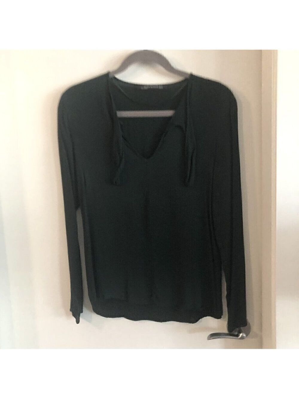 𝅺zara Dark Green Keyhole Tie Neck Long Sleeve Blouse